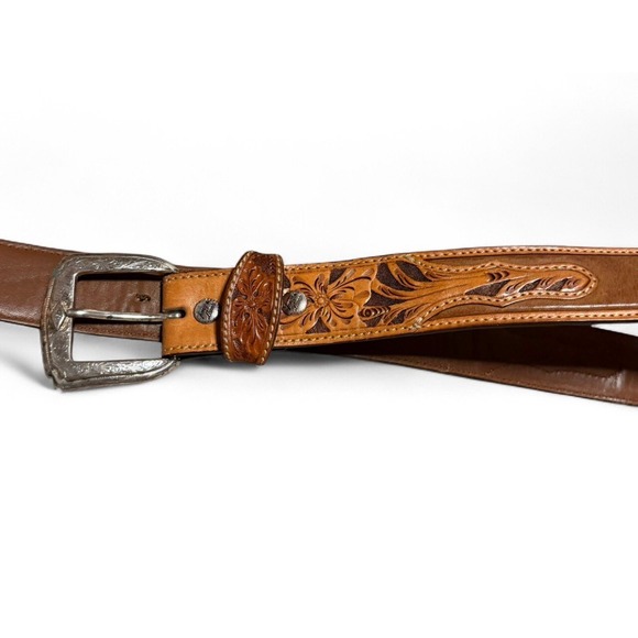 Tony Lama Accessories - Vintage Tony Lama Gene Leather Belt 36 Tooled Floral Western Cowboy Silver
